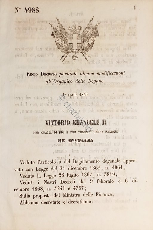 Decreto Regno Italia - Alcune modificazioni all'Organico delle Dogane - …