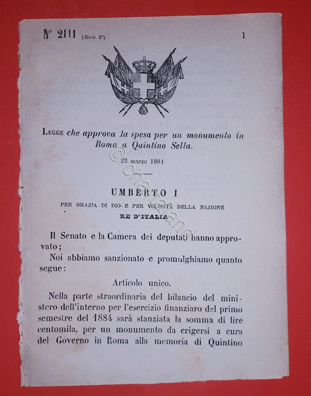Decreto Regno Italia - Approvazione spesa monumento Roma Quintino Sella …