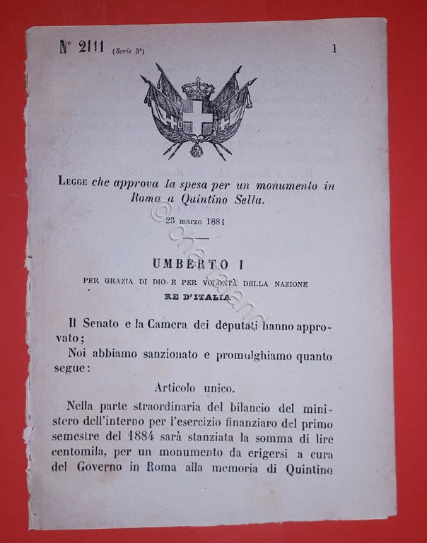 Decreto Regno Italia - Approvazione spesa monumento Roma Quintino Sella - 1884 
