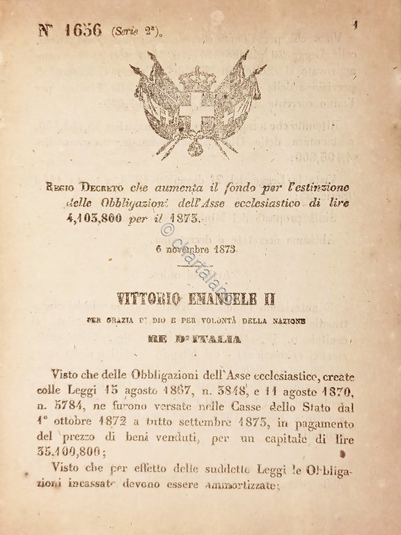 Decreto Regno Italia - Aumenta fondo Obbligazioni dell'Asse ecclesiastico - …
