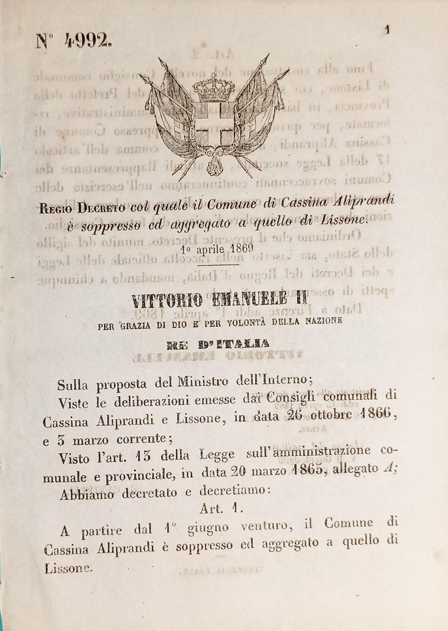 Decreto Regno Italia - Cassina Aliprandi è soppresso ed aggregato …