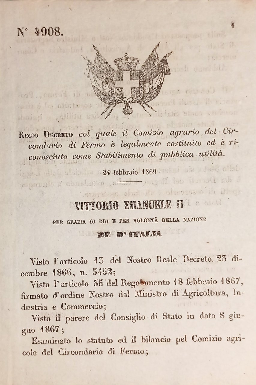 Decreto Regno Italia - Comizio agrario di Fermo è legalmente …