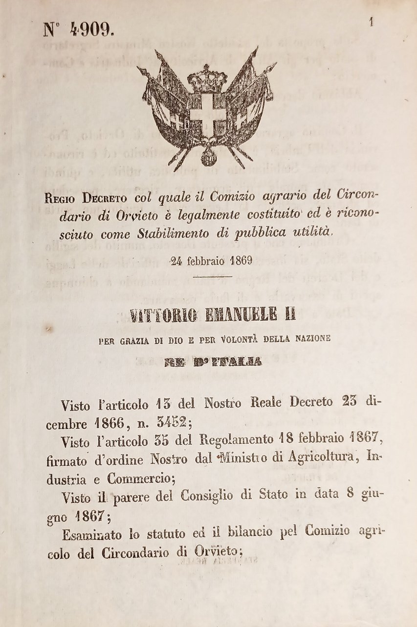 Decreto Regno Italia - Comizio agrario di Orvieto è legalmente …