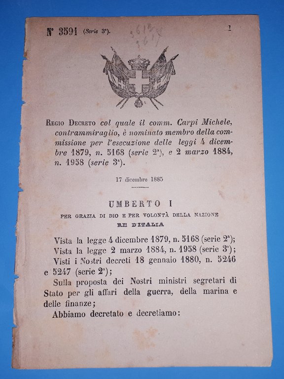 Decreto Regno Italia - Comm. Carpi Michele è nominato membro commissione - 1885