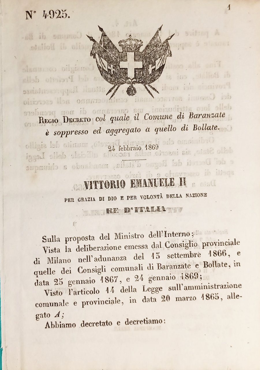 Decreto Regno Italia - Comune di Baranzate è aggregato a …