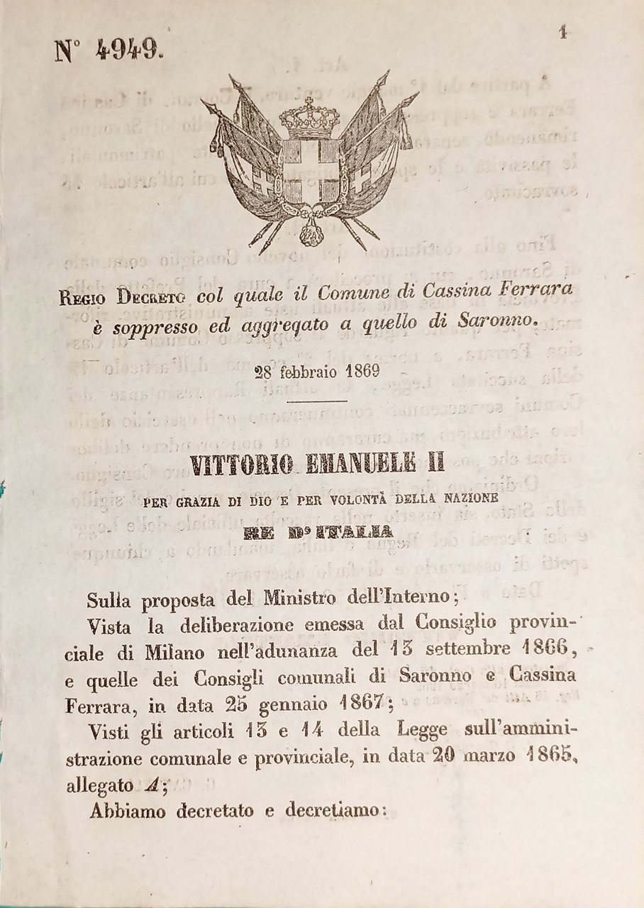 Decreto Regno Italia - Comune di Cassina Ferrara è aggregato …