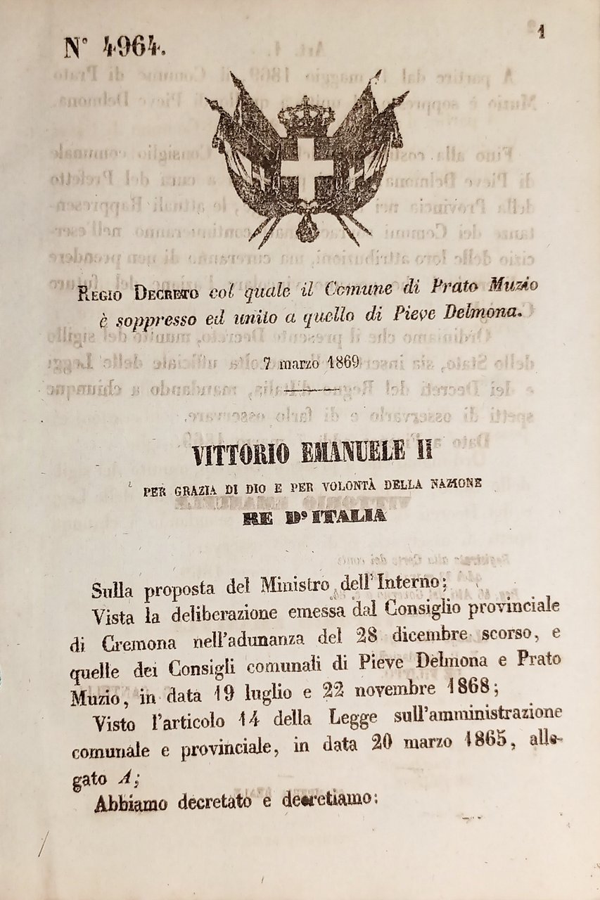 Decreto Regno Italia - Comune di Prato Muzio è aggregato …