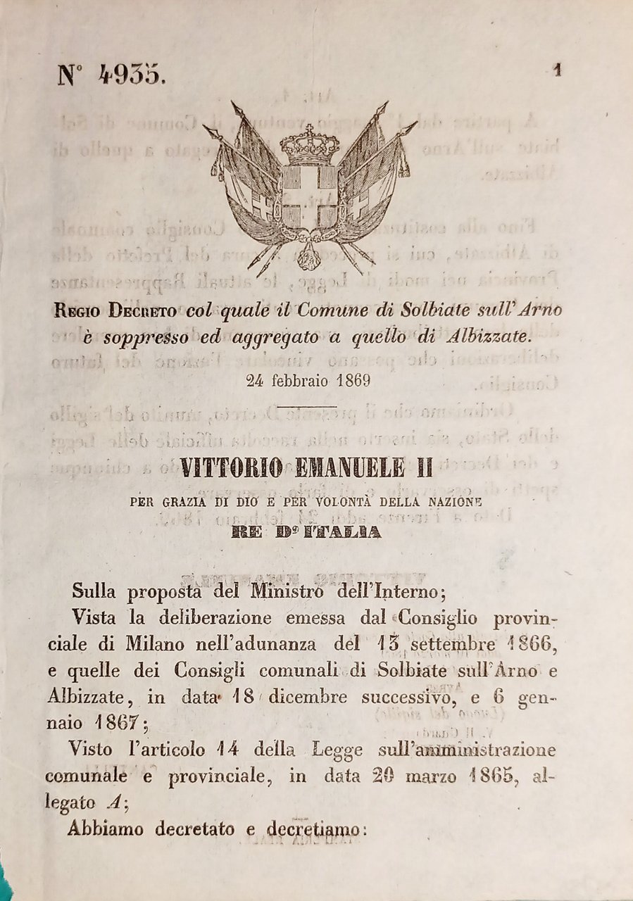 Decreto Regno Italia - Comune di Solbiate sull'Arno è aggregato …