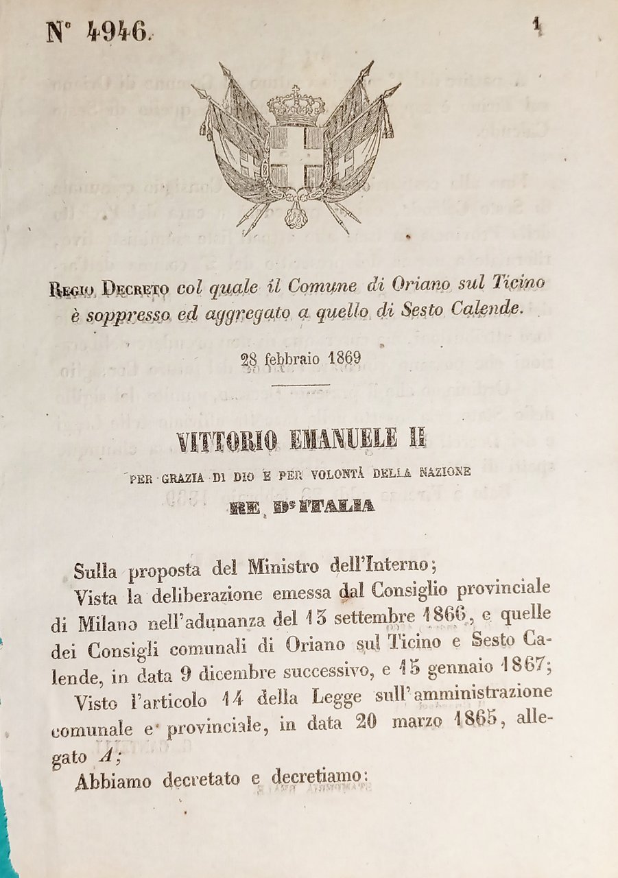 Decreto Regno Italia - Comune Oriano sul Ticino è aggregato …