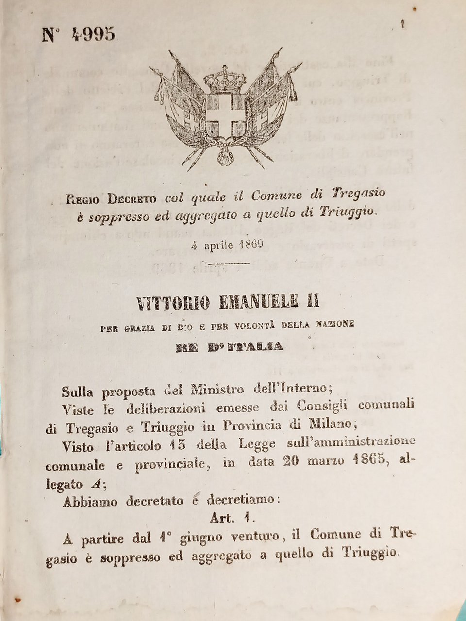 Decreto Regno Italia - Comune Tregasio è soppresso ed aggregato …