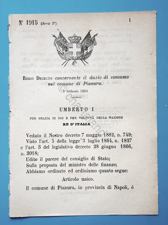 Decreto Regno Italia - Concernente dazio di consumo nel comune di Pianura 1884