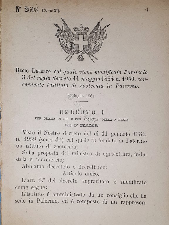 Decreto Regno Italia - Concernente l'istituto di zootecnia in Palermo - 1884