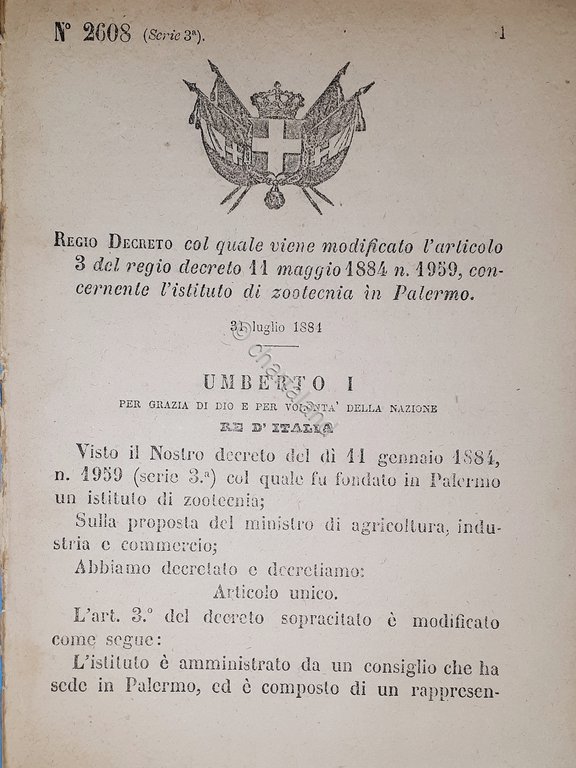 Decreto Regno Italia - Concernente l'istituto di zootecnia in Palermo …