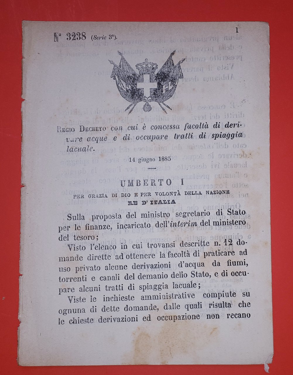 Decreto Regno Italia - Concessa facoltà derivare acqua occupare spiaggia …