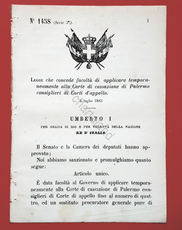 Decreto Regno Italia - Consiglieri Appello a Corte di Cassazione di Palermo 1883