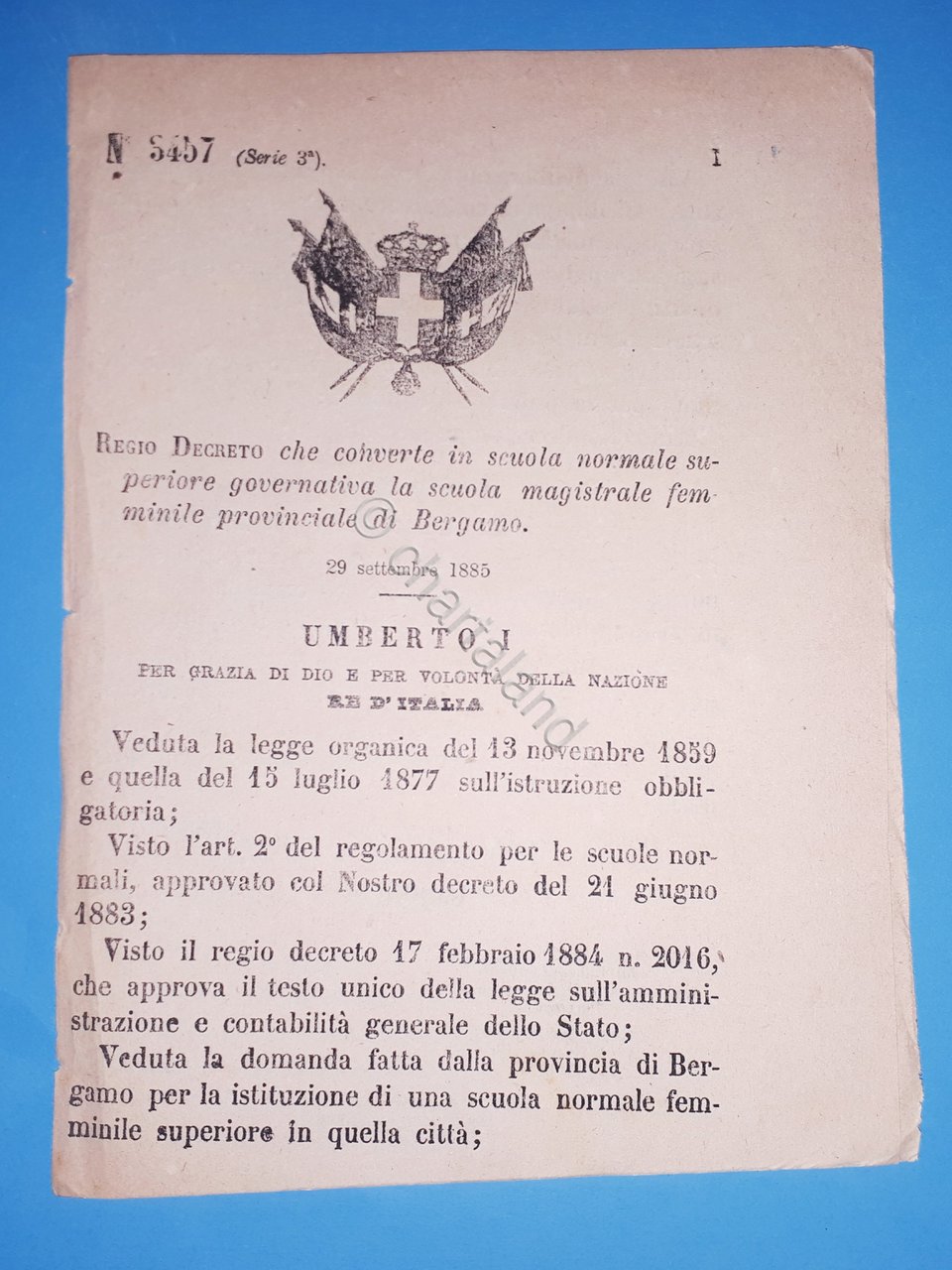 Decreto Regno Italia - Converte scuola magistrale femminile di Bergamo …