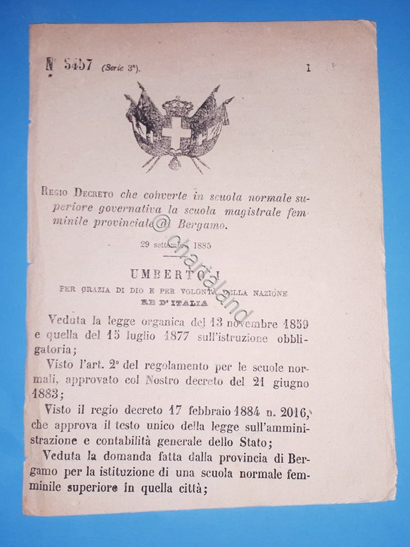 Decreto Regno Italia - Converte scuola magistrale femminile di Bergamo …
