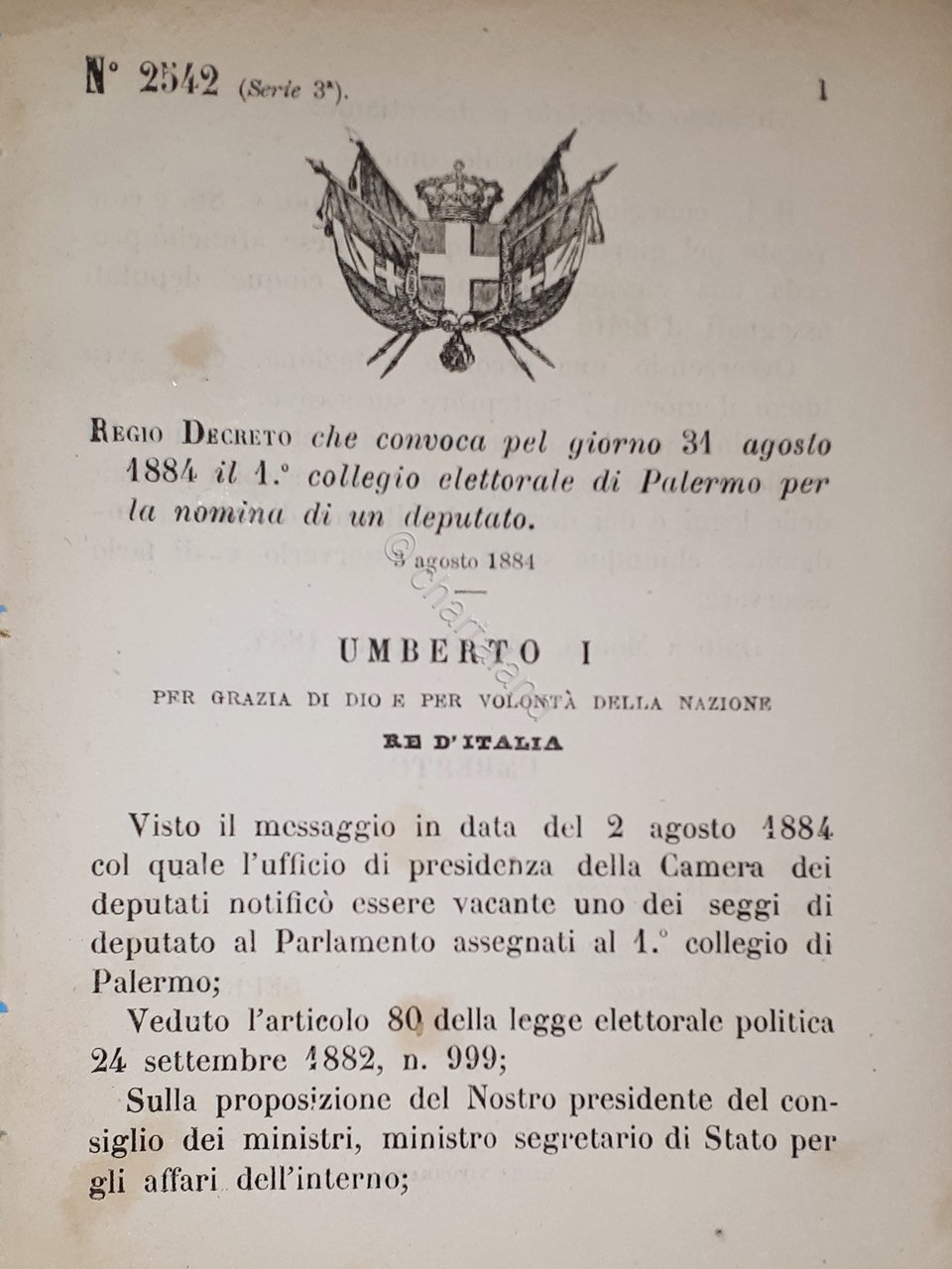 Decreto Regno Italia - Convocazione collegio di Palermo per nomina …