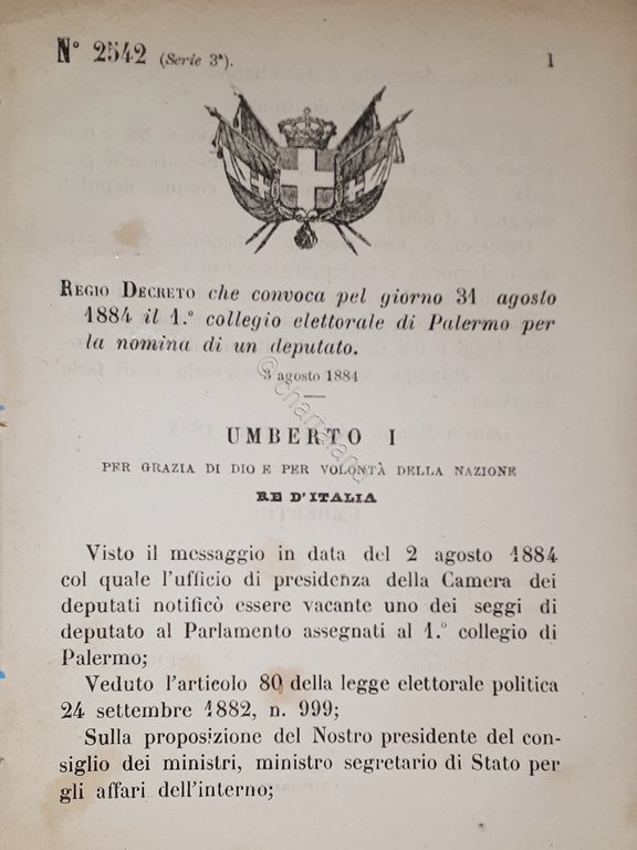 Decreto Regno Italia - Convocazione collegio di Palermo per nomina deputato 1884