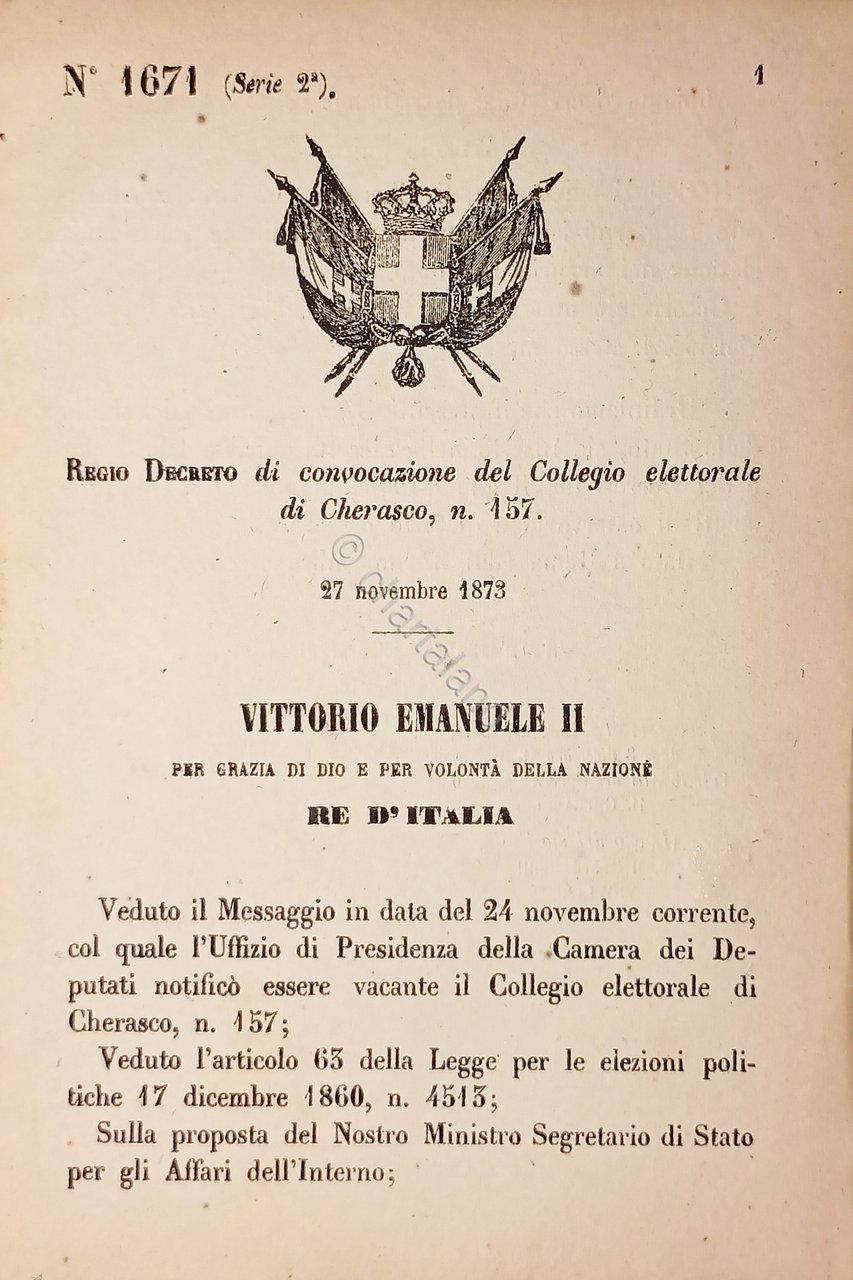 Decreto Regno Italia - Convocazione del Collegio elettorale di Cherasco …