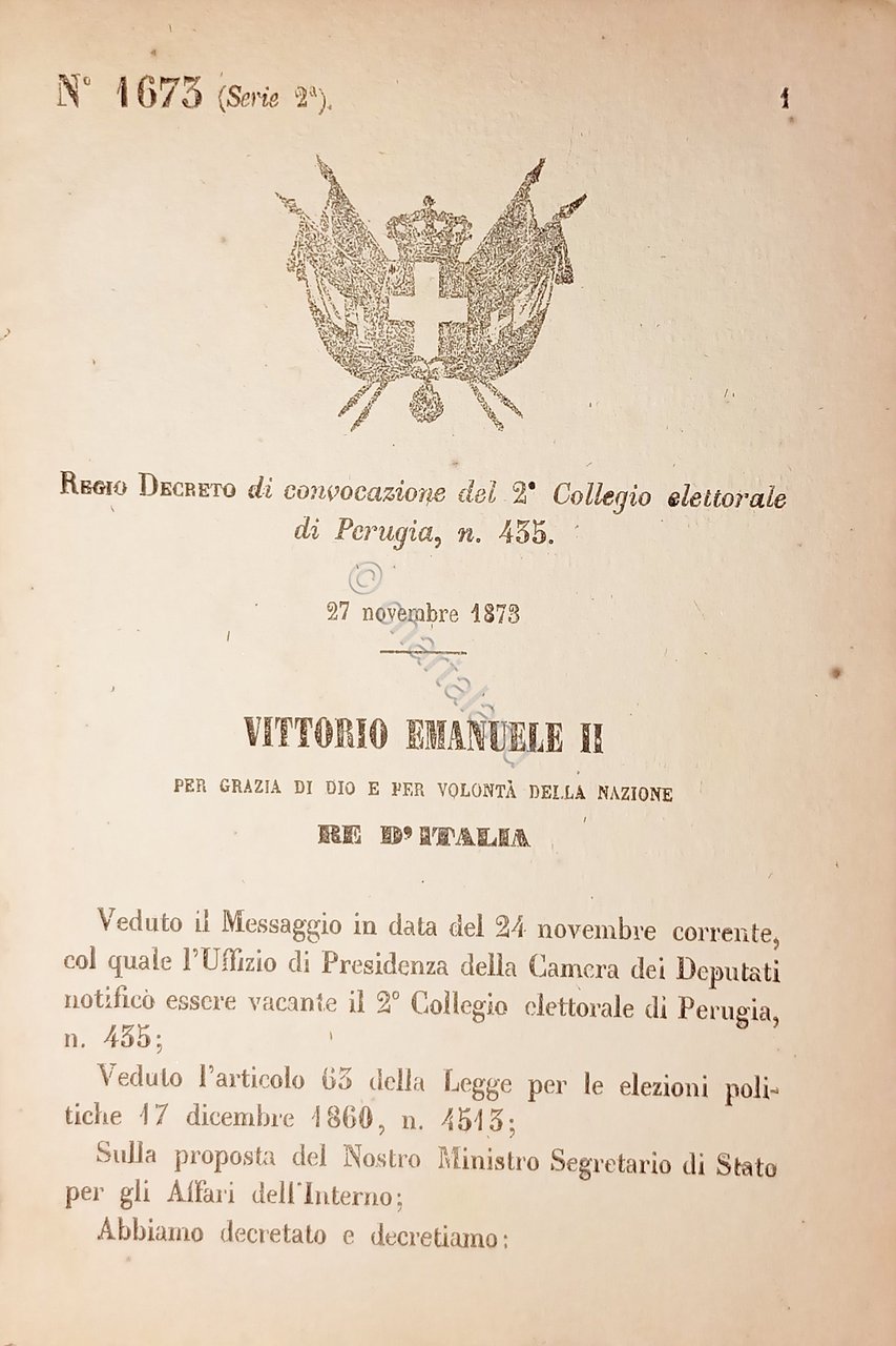 Decreto Regno Italia - Convocazione del Collegio elettorale di Perugia … | Immagine principale