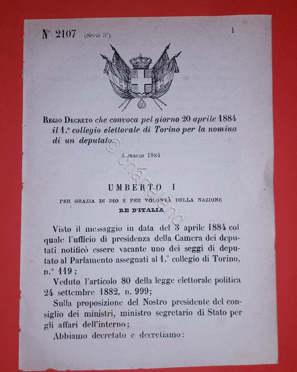 Decreto Regno Italia - Convocazione elettorale Torino nomina deputato - … | Immagine principale