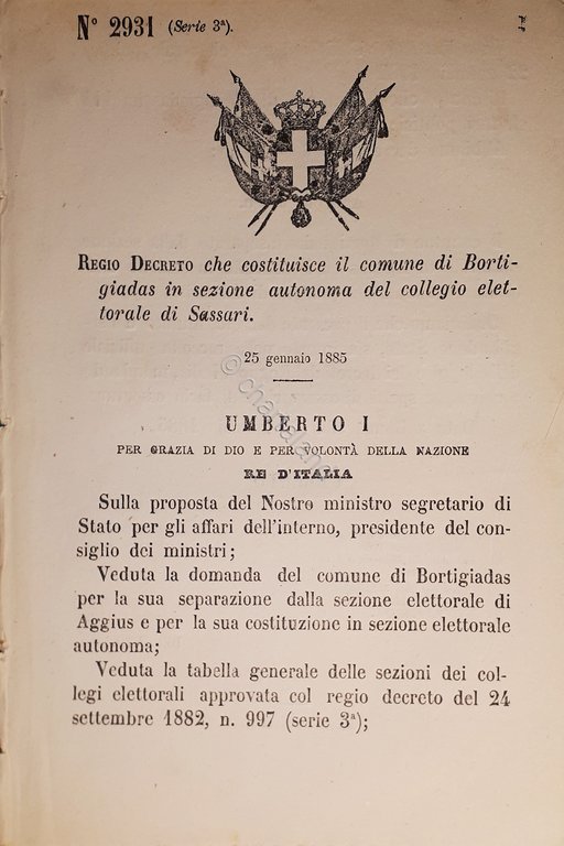 Decreto Regno Italia - Costituisce comune Bordigiadas in sezione di Sassari 1885