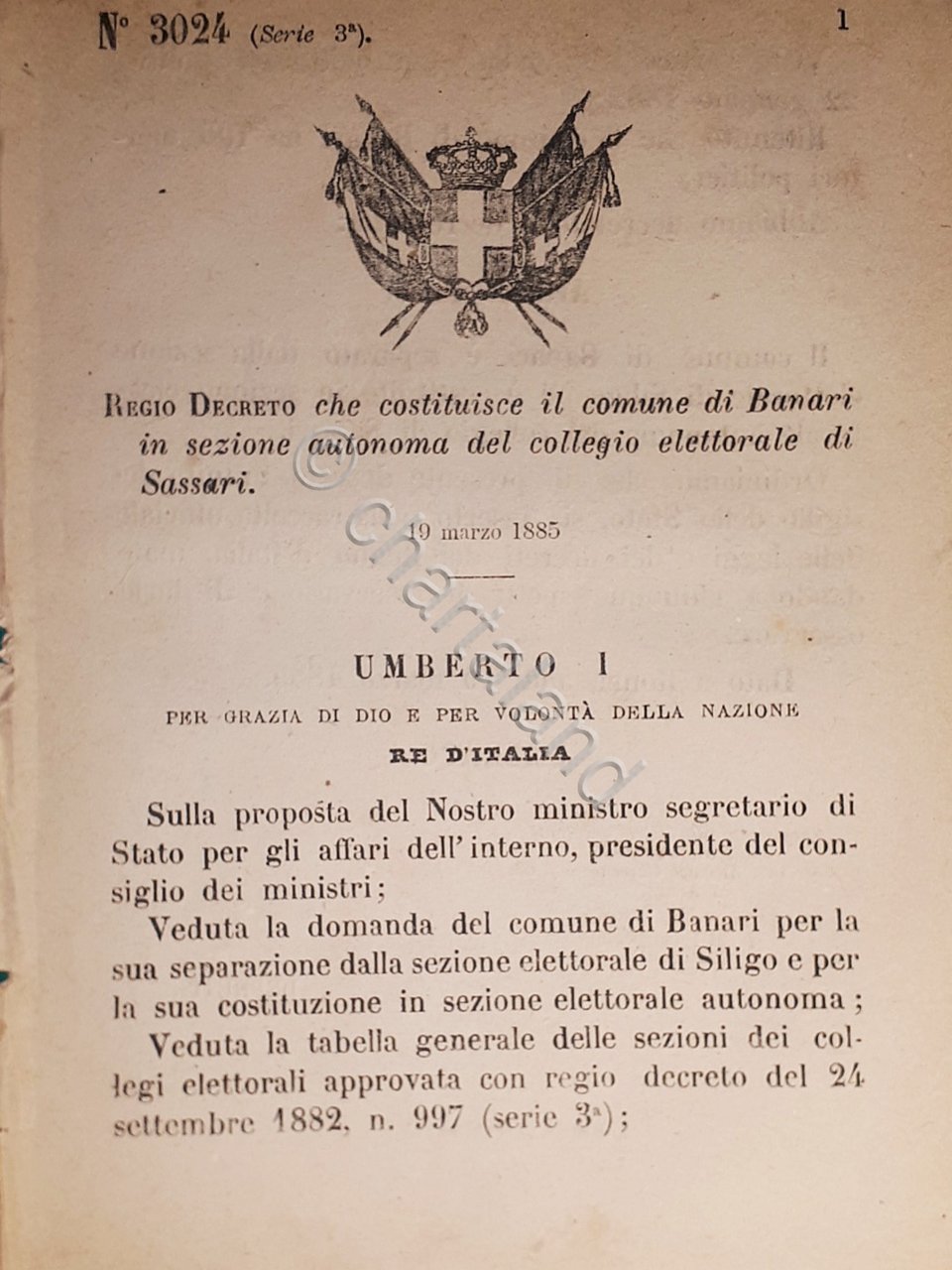Decreto Regno Italia - Costituisce comune di Banari in sezione …