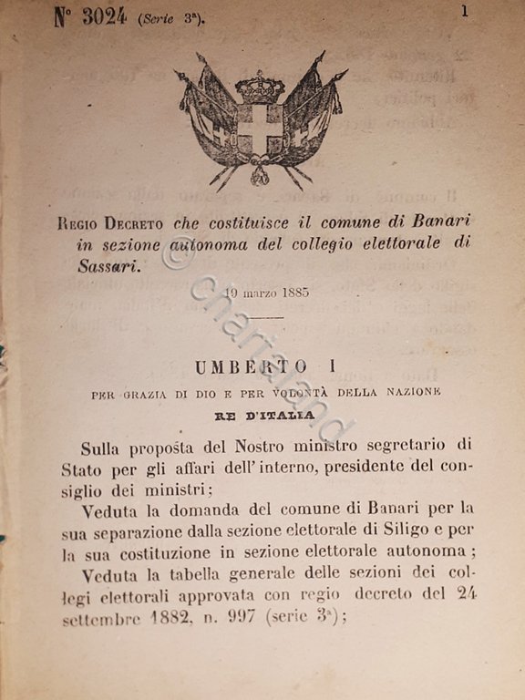 Decreto Regno Italia - Costituisce comune di Banari in sezione di Sassari - 1885