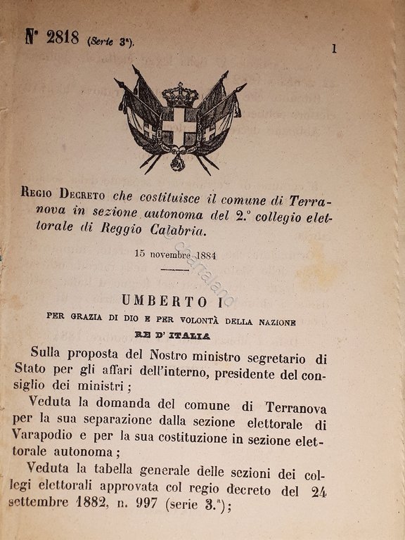 Decreto Regno Italia - Costituisce comune Terranova in Reggio Calabria - 1884