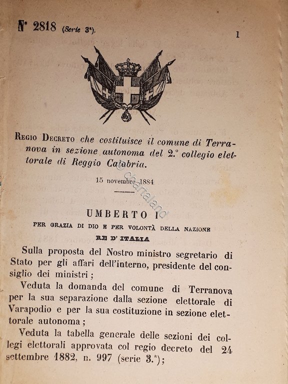 Decreto Regno Italia - Costituisce comune Terranova in Reggio Calabria …