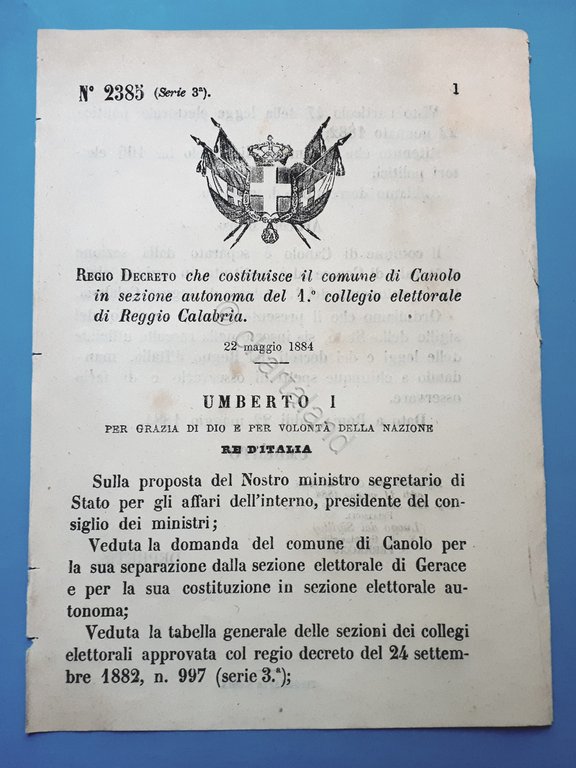 Decreto Regno Italia - Costituzione Canolo in sezione di Reggio Calabria - 1884 