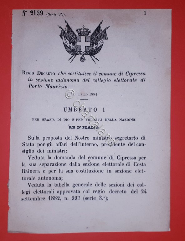 Decreto Regno Italia - Costituzione Cipressa di Porto Maurizio - … | Immagine Gallery 2