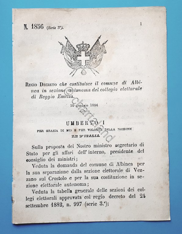 Decreto Regno Italia - Costituzione comune Albinea in sezione Reggio …