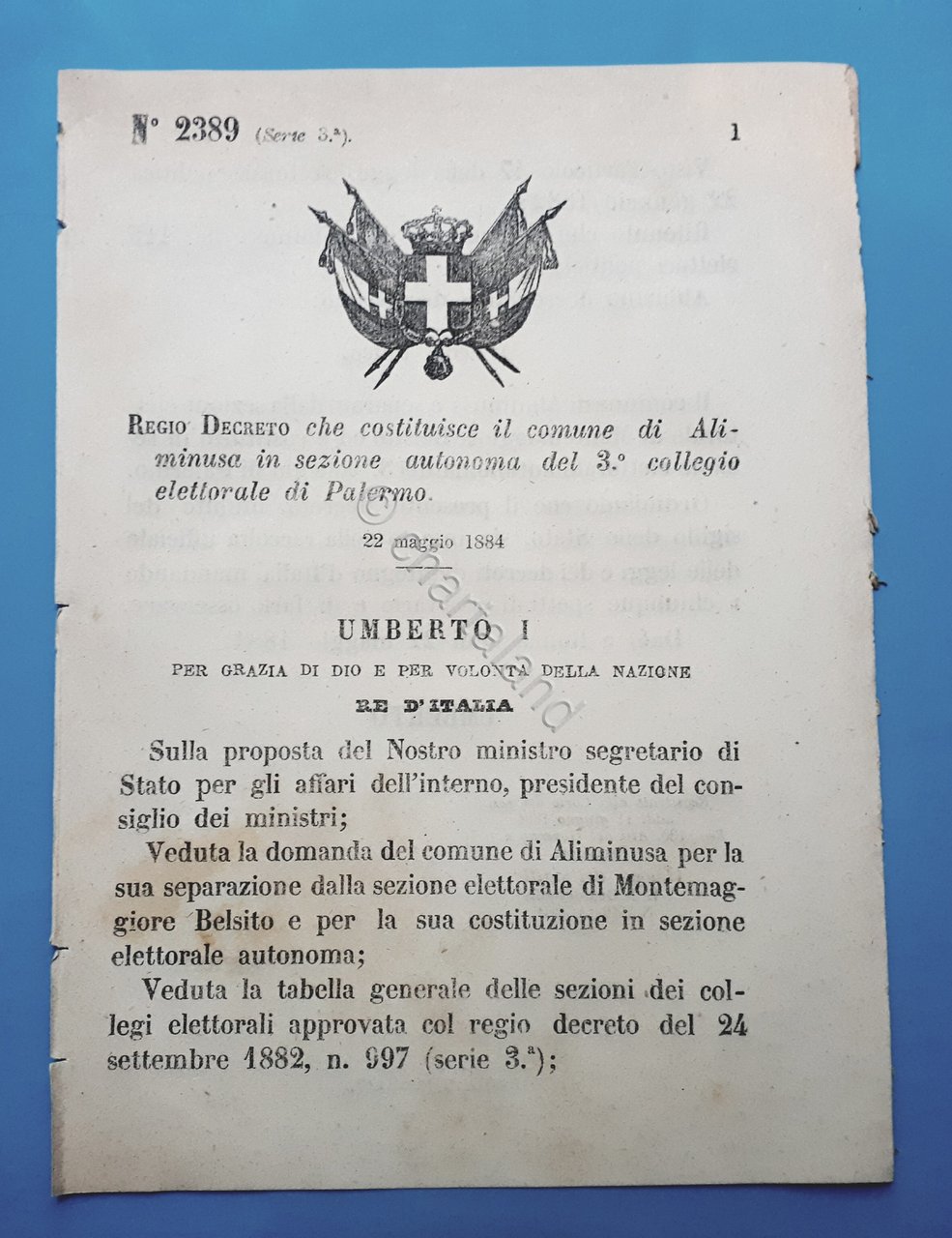 Decreto Regno Italia - Costituzione comune Aliminusa in sezione di …