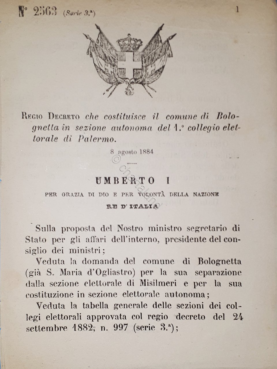 Decreto Regno Italia - Costituzione comune Bologneta in sezione Palermo …
