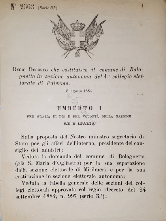 Decreto Regno Italia - Costituzione comune Bologneta in sezione Palermo 1884 