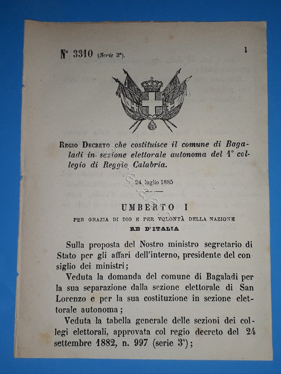 Decreto Regno Italia - Costituzione comune di Bagaladi in Reggio Calabria - 1885