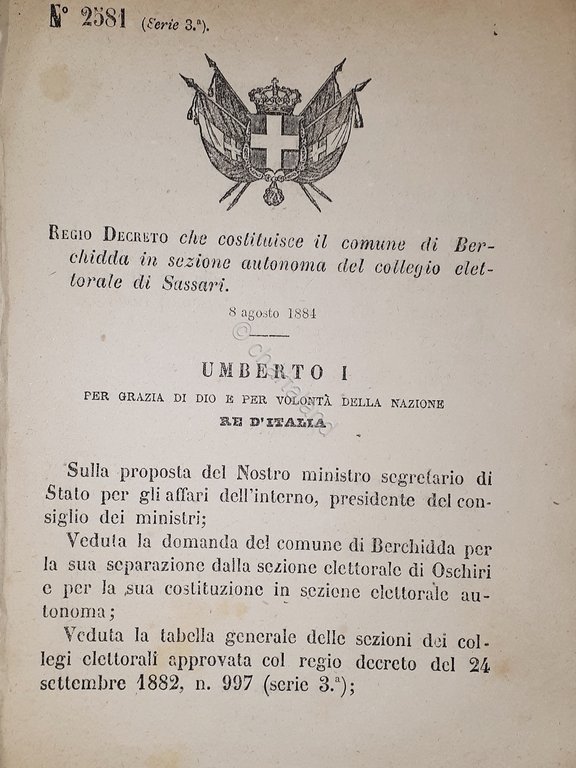 Decreto Regno Italia - Costituzione comune di Berchidda in sezione Sassari 1884