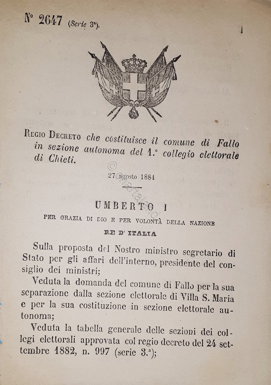 Decreto Regno Italia - Costituzione comune di Fallo in sezione …