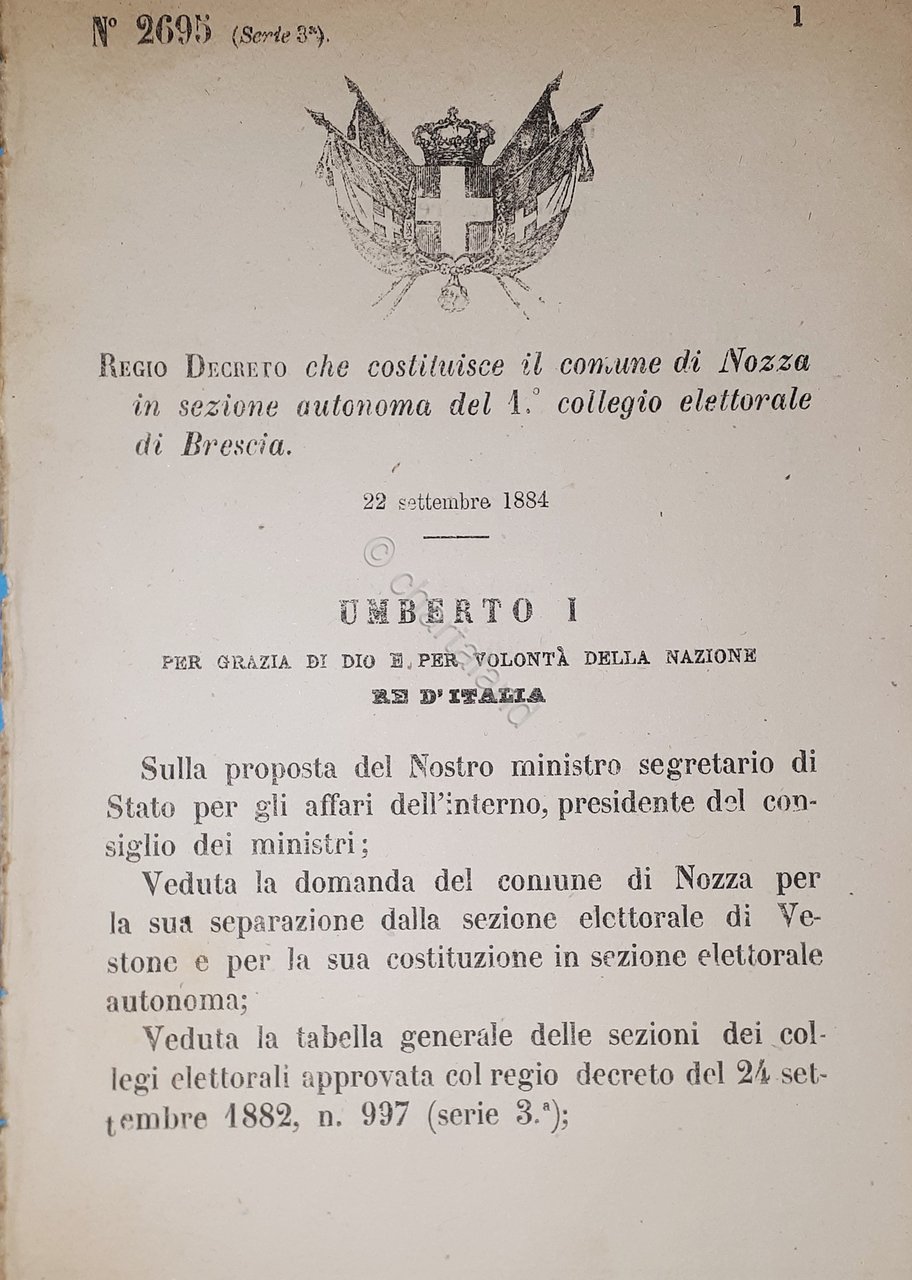 Decreto Regno Italia - Costituzione comune di Nozza in sezione …