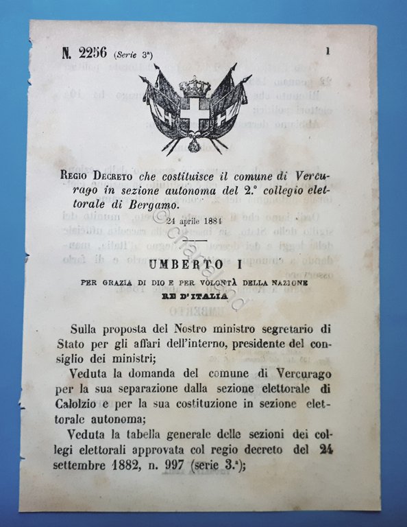 Decreto Regno Italia - Costituzione comune Vercurago in sezione di Bergamo 1884 