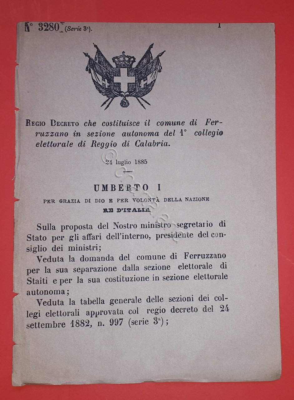Decreto Regno Italia - Costituzione Ferruzzano in sezione Reggio Calabria …