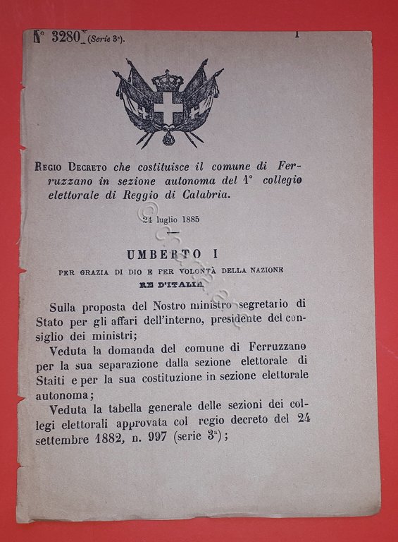 Decreto Regno Italia - Costituzione Ferruzzano in sezione Reggio Calabria - 1885