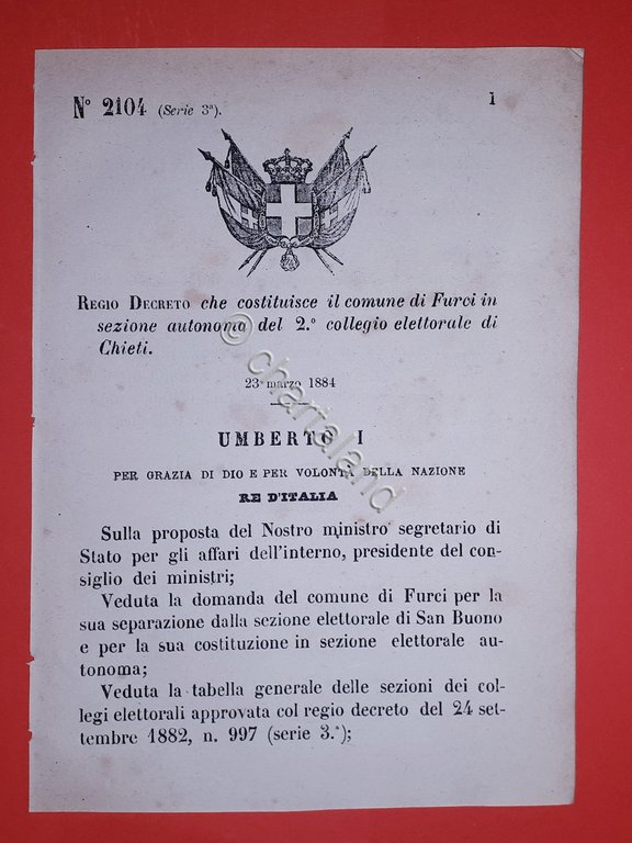 Decreto Regno Italia - Costituzione Furci in sezione di Chieti … | Immagine Gallery 2