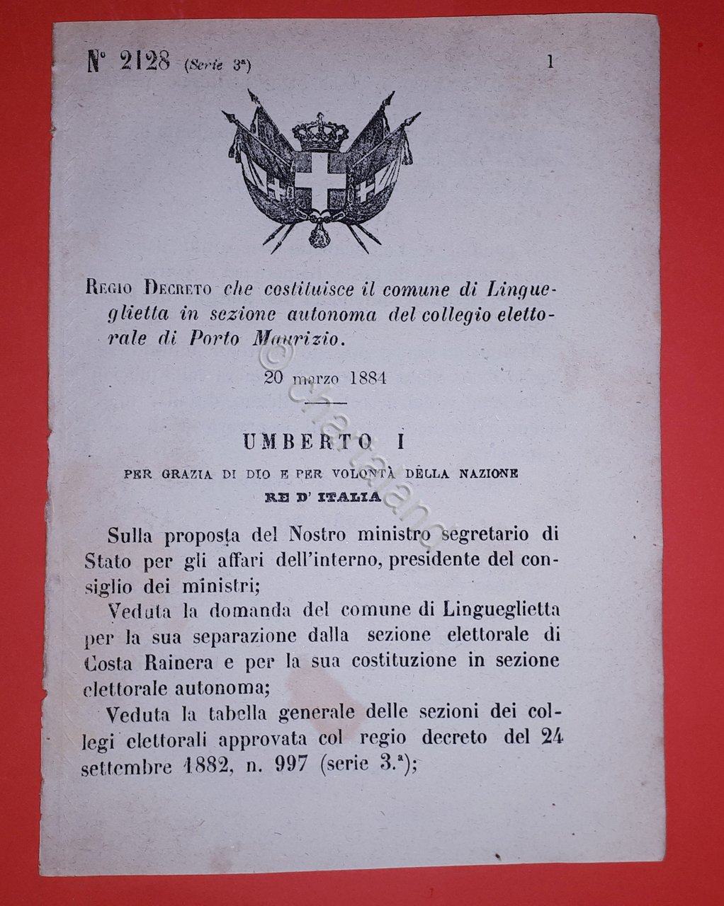 Decreto Regno Italia - Costituzione Lingueglietta di Porto Maurizio - … | Immagine principale