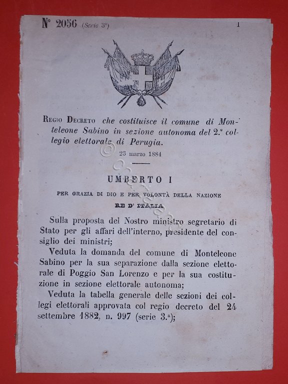 Decreto Regno Italia - Costituzione Monteleone Sabino in sezione Perugia - 1884