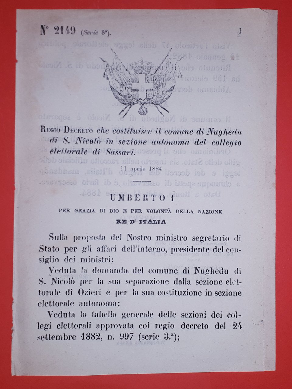 Decreto Regno Italia - Costituzione Nughedu di S. Nicolò di …