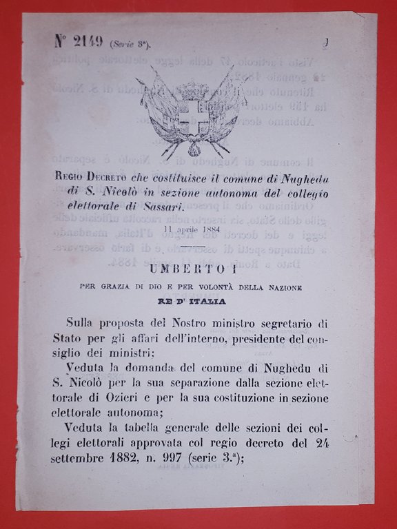 Decreto Regno Italia - Costituzione Nughedu di S. Nicolò di Sassari - 1884