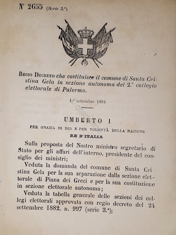 Decreto Regno Italia - Costituzione Santa Cristina Gela in sezione Palermo 1884 